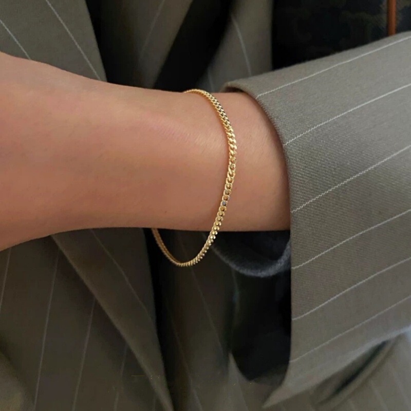 S925 Sterling Silver Plated 14K Gold Minimalist Side Chain Xi Ping Cuban Chain Bracelet Niche High-grade All-match Fashion Plain Chain