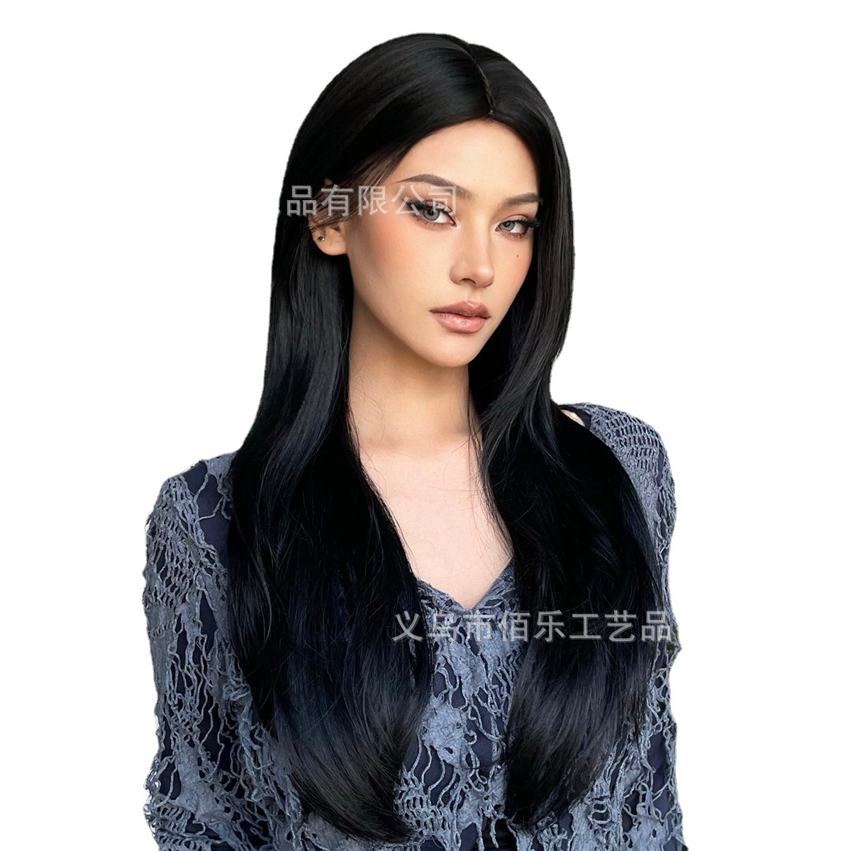 Transfronterizo negro natural de longitud media pelo liso fibra química peluca femenina europea y americana Comercio exterior nueva alta temperatura fábrica de seda al por mayor