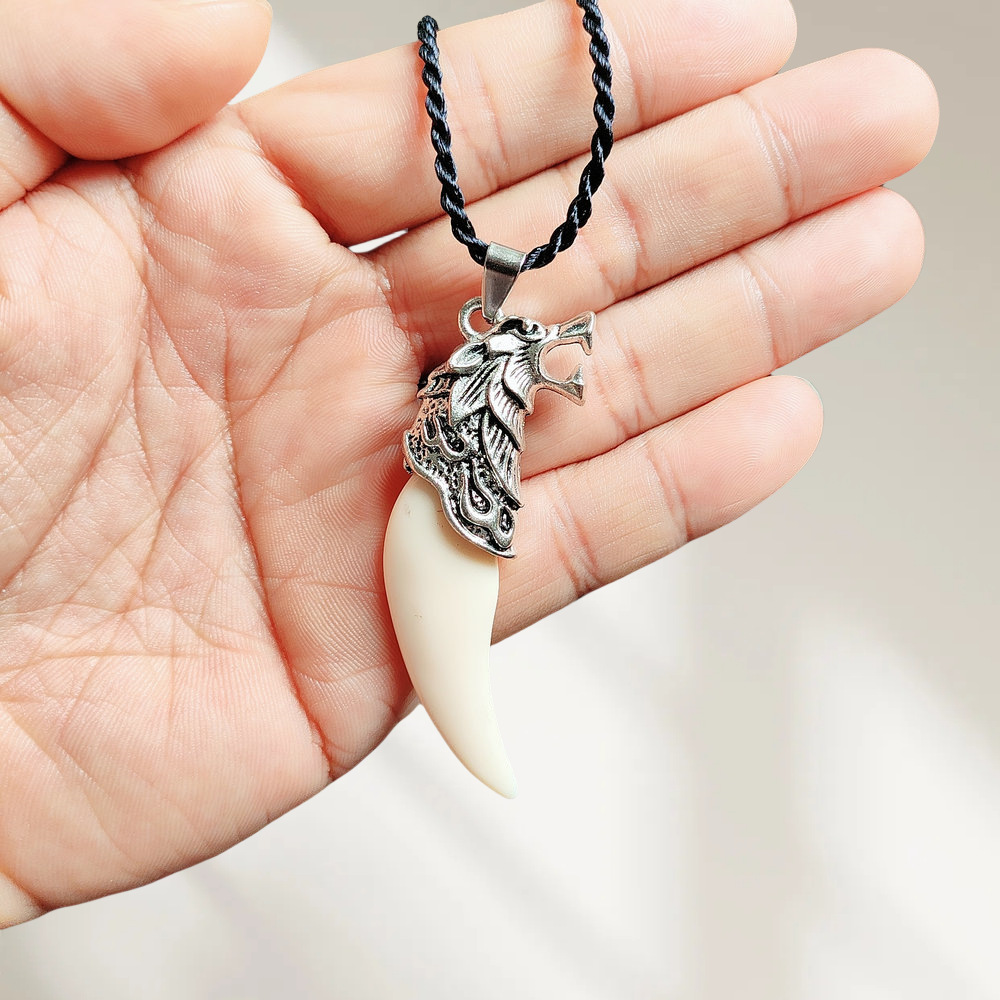 Wolf Tooth Resin Pendant Men's Bold Necklace with Waxed Leather Cord Imitation Xizang Mastiff Tooth Black Cord Wolf Head Style - Pendant