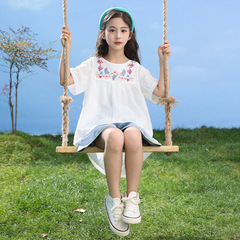 新中式女童套裝2024夏季新款兒童國風刺繡短袖上衣牛仔短褲兩件套