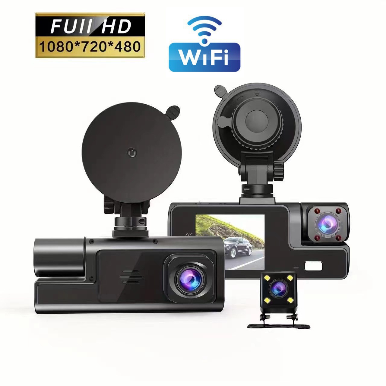 3 kamerali HD davr ko'rish dashcam, WiFi, mobil ulash, oqim yo'q