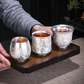 茶具礼品银杯真银包银质主人杯瓷鎏银单杯银酒杯品茗复古仙鹤茶盏