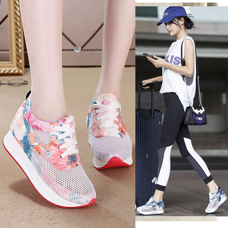 Spring 2024 New Inner Height Increasing Mesh Shoes Casual White Shoes Women's Summer Mesh Breathable Thick-soled Thin Torre Shoes