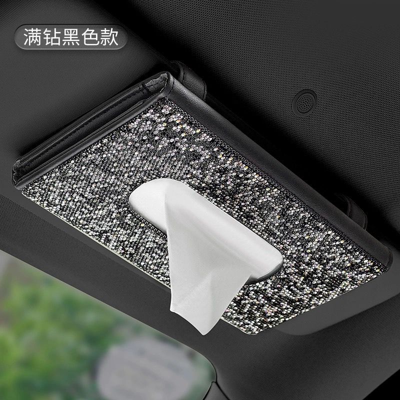 Caja de pañuelos de visera de coche asiento trasero de cuero clip de tejido incrustado de diamantes de imitación de mujer de moda creativa caja de pañuelos de coche