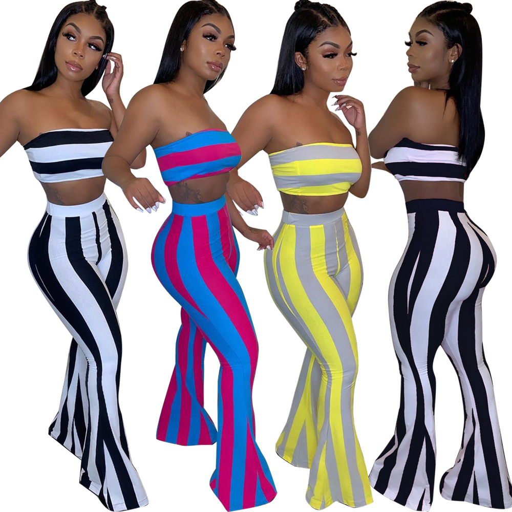 Damenbekleidung: Bandeau-Top und Schlaghose in Bonbonfarben, gestreiftes Set in Schwarz-Weiß, amerikanischer Stil, Frühling, Herbst, Sommer_voghion.com