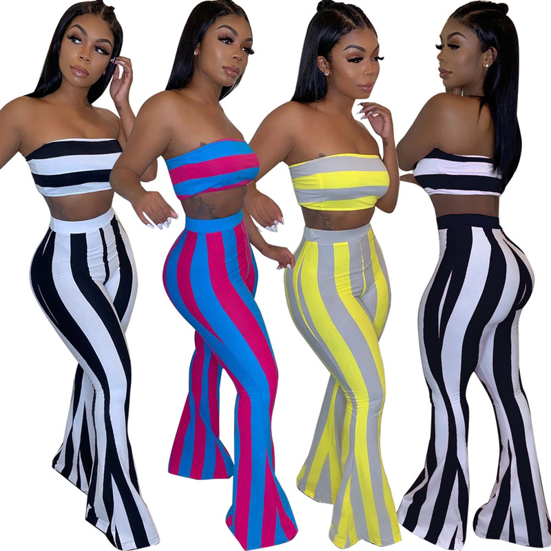 5253 Cross-Border Women's Clothing European and American Amazon Wish Candy-Colored Tube Top + Flared Pants Striped Set Black and White Stripes 5253 Cross-Border Women's Clothing European and American Amazon Wish Candy-Colored Tube Top + Flared Pants Striped Set Black and White Stripes