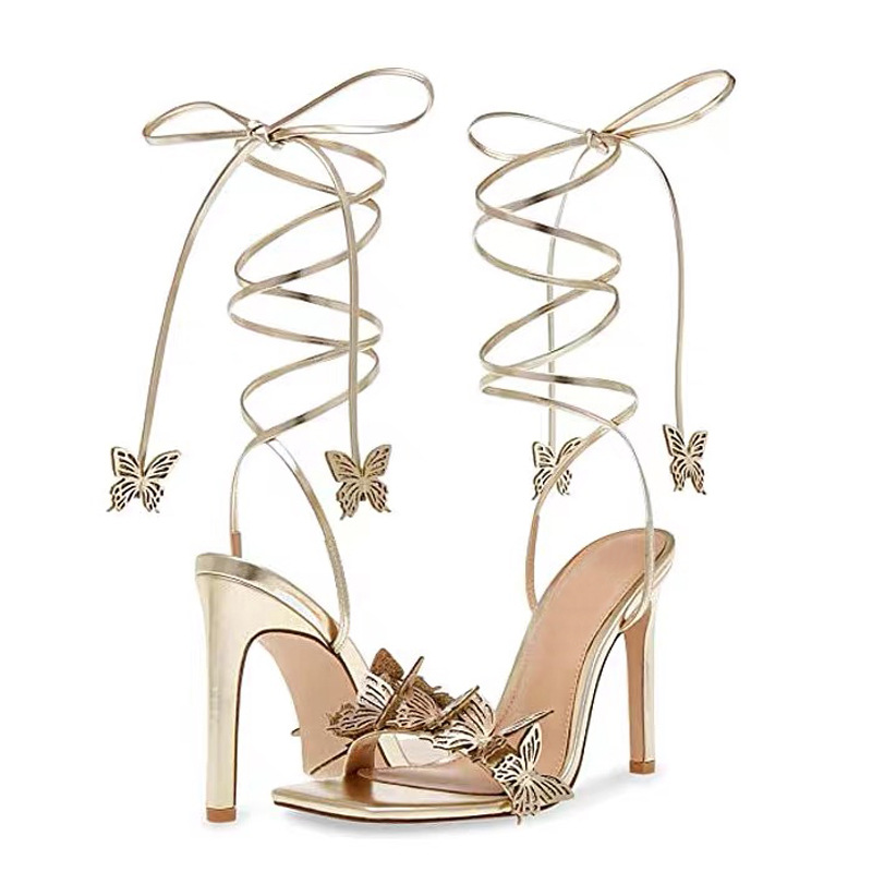 New square head sandals three-dimensional butterfly flowers sexy gold high heels cross lacing four season bed high heels_voghion.com