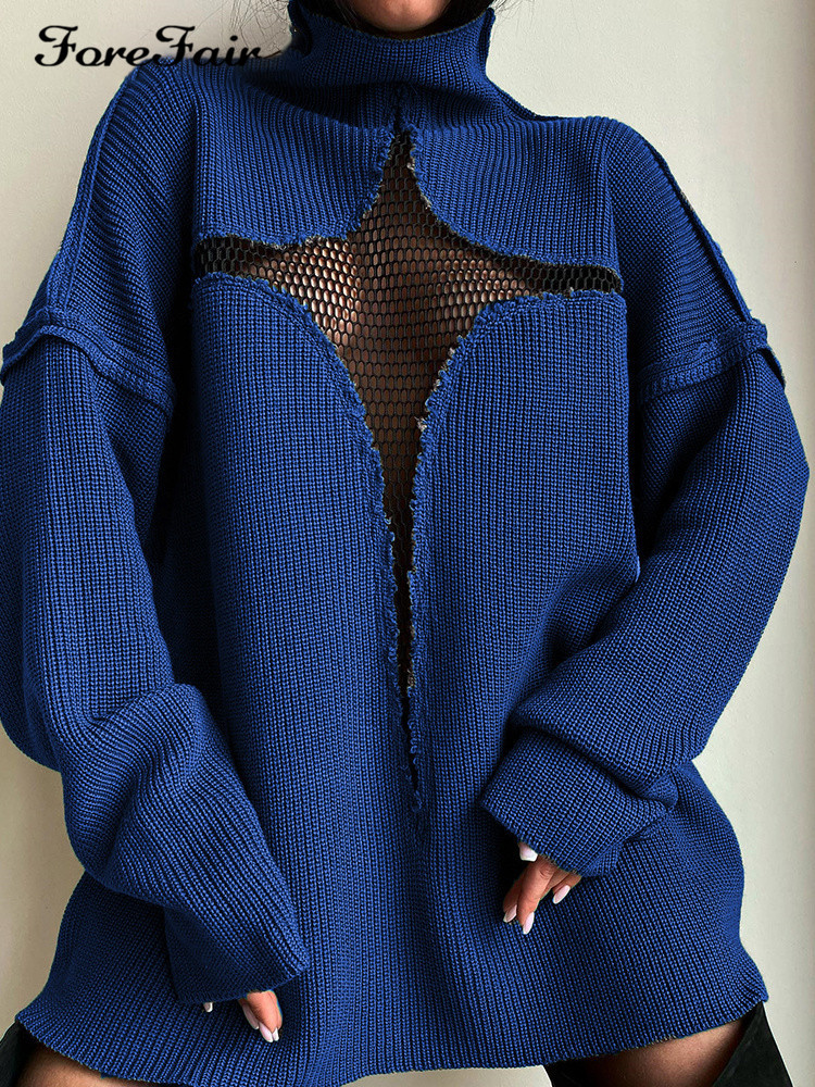European and American style new sexy mesh perspective vacation loose knitted hollow pullover personality multi color sweater for women_voghion.com