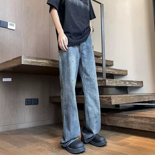 跨境美式高街cleanfit牛仔裤男做旧泼墨ins潮流直筒微喇vibe裤子