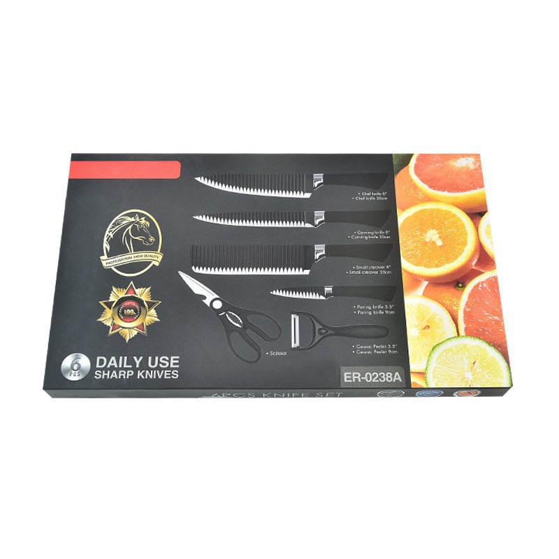 Fábrica al por mayor 238A cuchillo ondulado negro no pegajoso cuchillo ondulado negro seis piezas conjunto de herramientas