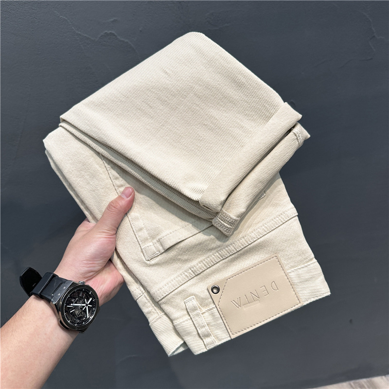 High-End Men's Jeans in Off-White, Slim Fit, Straight Leg, Slightly Harem Style, Embroidered, Stretchy, Casual Men's Pants