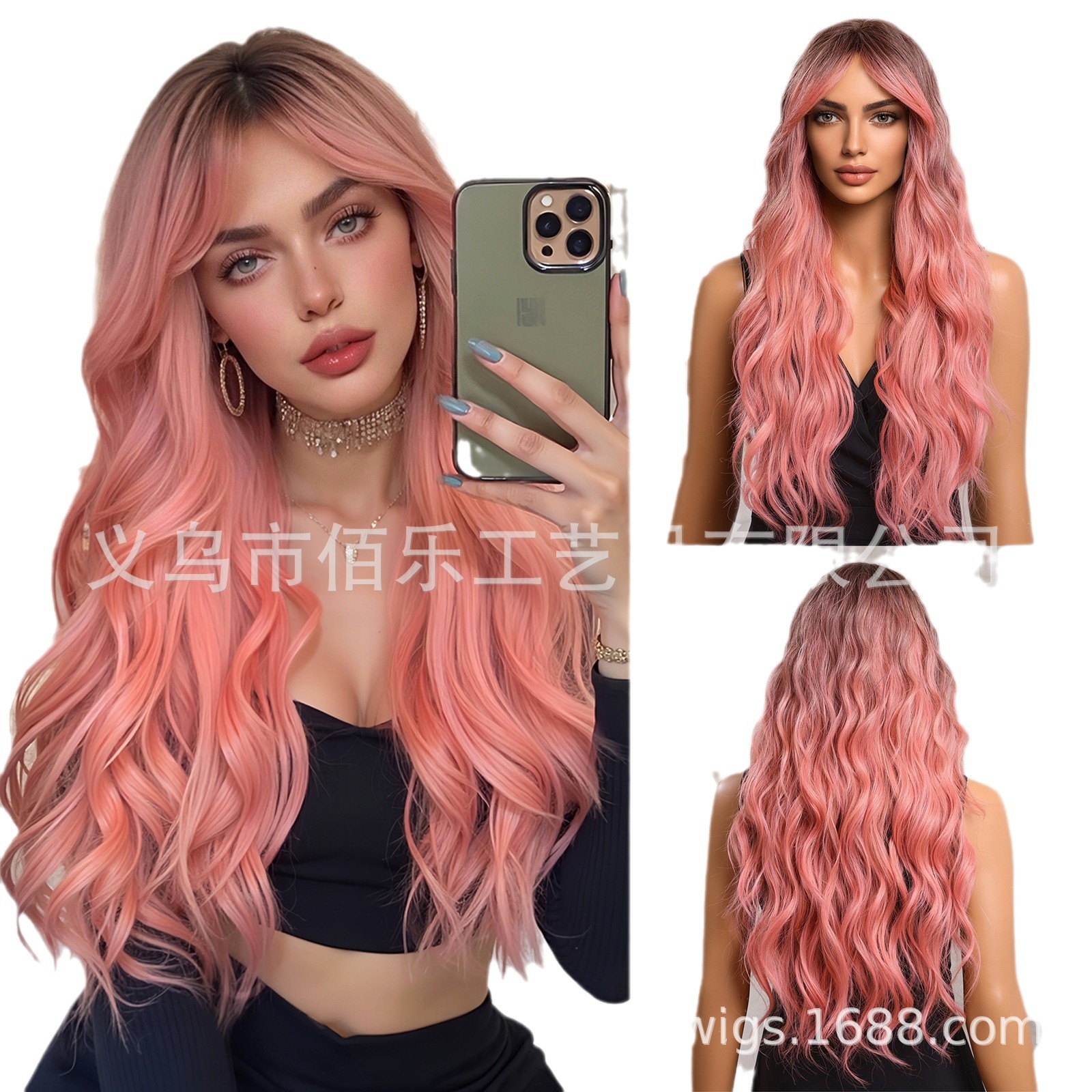 Ventas transfronterizas calientes pelucas rosa gradiente de ocho caracteres rizos largos cabello de fibra química fabricantes de mujeres en stock wigs