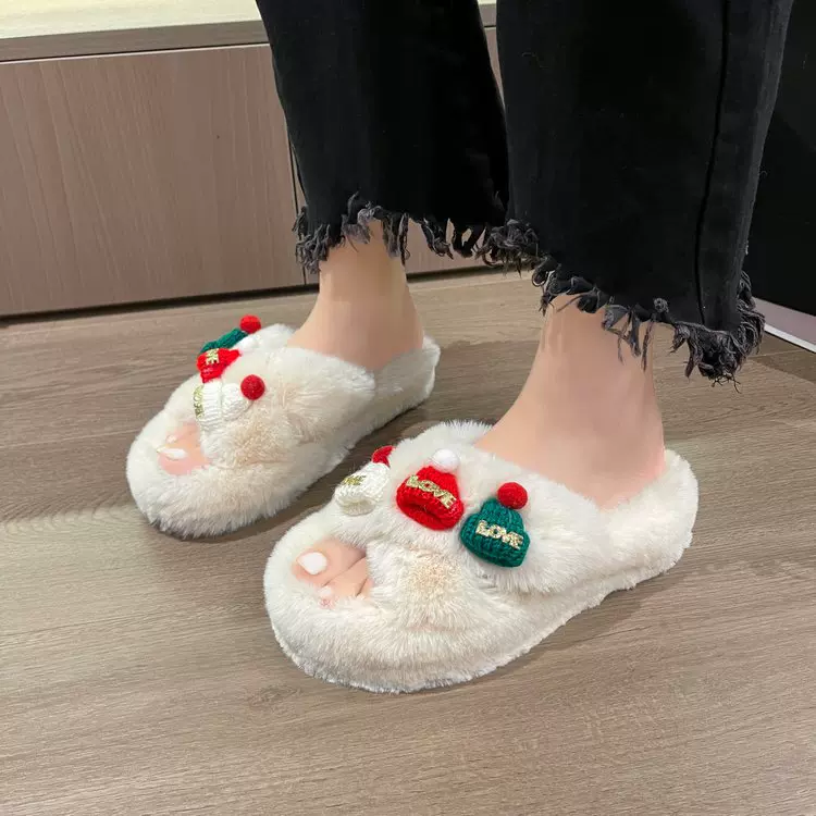 2023秋冬新款毛毛拖加绒保暖厚底女交叉拖鞋可爱帽子居家拖鞋