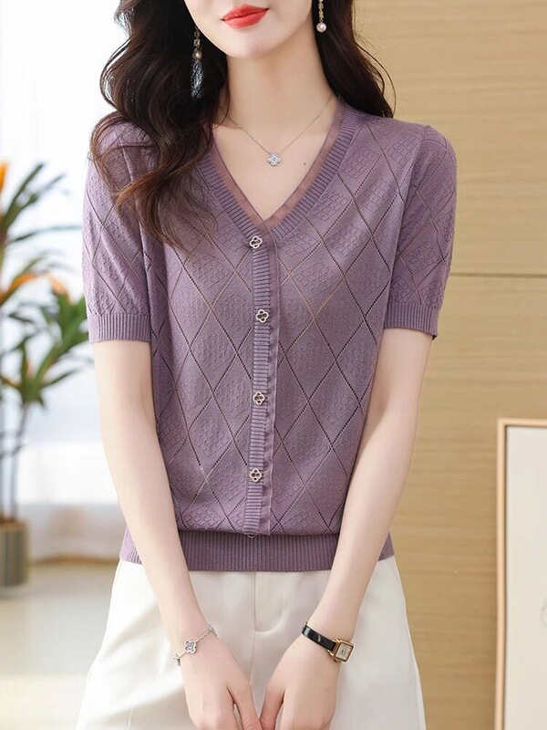Ice Silk Knitted Sweater with Collar and Short Sleeves for Women, New Style for Young Mothers, Summer Wear, Purple Thin Hollow-Out Top Ice Silk Knitted Sweater with Collar and Short Sleeves for Women, New Style for Young Mothers, Summer Wear, Purple Thin Hollow-Out Top