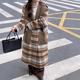 正反两面穿 阿尔巴卡羊驼毛双面呢大衣 长毛格子宽松连帽女装外套