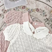 Cutemilly Весна и лето ins пуловер для маленьких девочек Воротник ажурный трикотаж с короткими рукавами