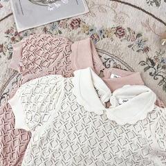 Cutemily Spring and Summer Ins Baby Girl Hoodie with Lotus Collar, Lace Knit Top, Thin and Cute Knit Short Sleeve