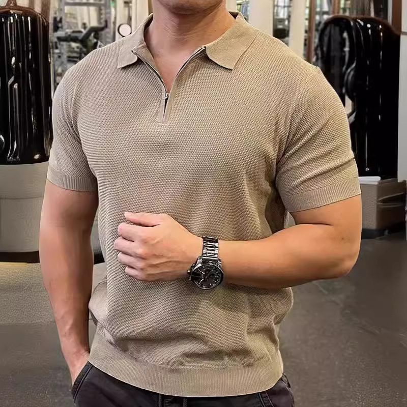 High Quality Half-Zip Ice Silk Knitwear Men's Summer Fashion Simple Slim T-Shirt Light Mature Style Thin Short-Sleeved T-Shirt