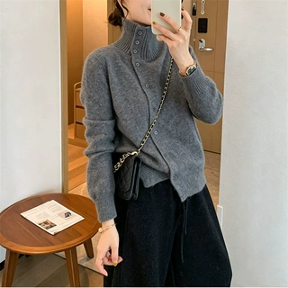 慵懒风软糯针织立领毛衣开衫女装秋冬款松驰感显瘦气纯色质外套女