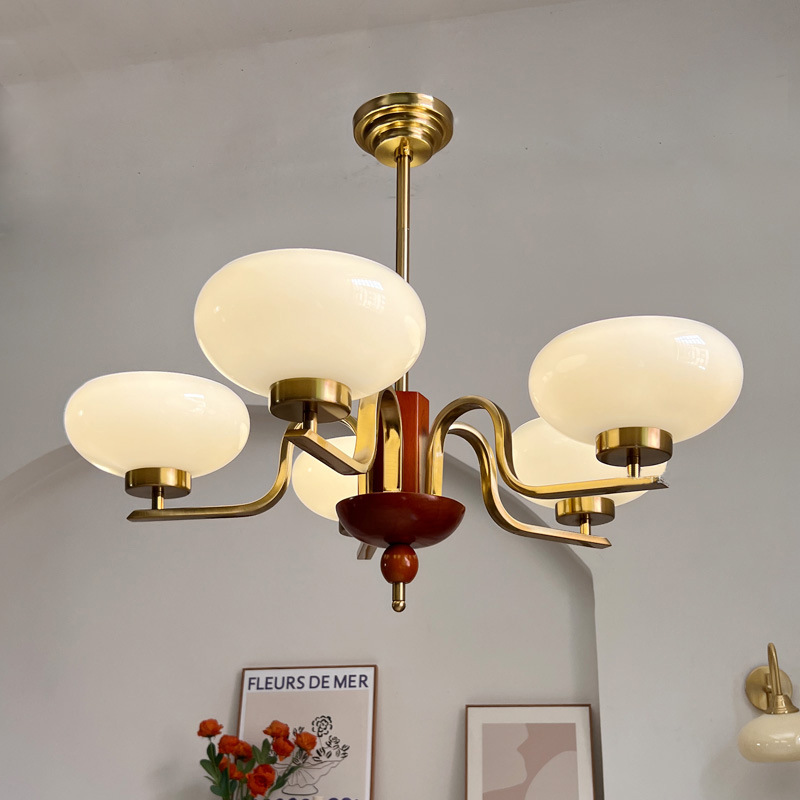 法式中古柚木色客廳吊燈創意美式書房臥室燈復古餐廳奶油玻璃燈具