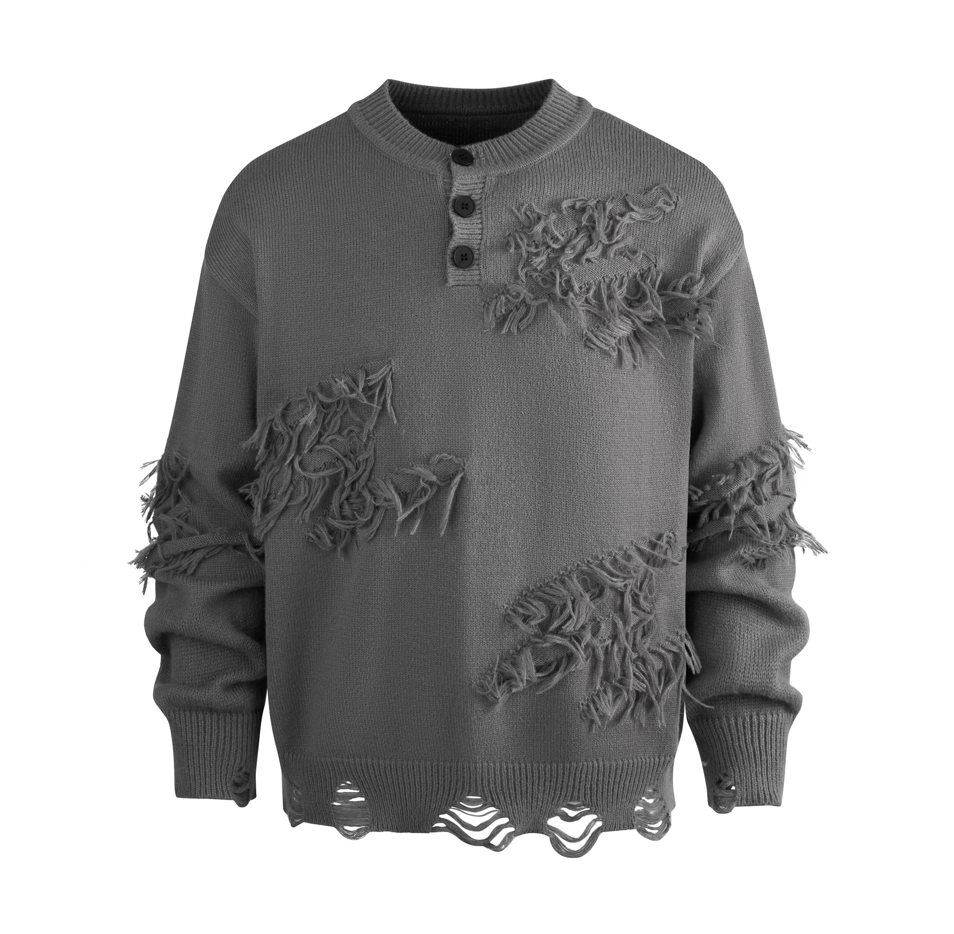 Men's Distressed Knit Sweater - Oversized Retro Pullover With Shirt Collar (White/Black/Gray) Fashion Trends_voghion.com