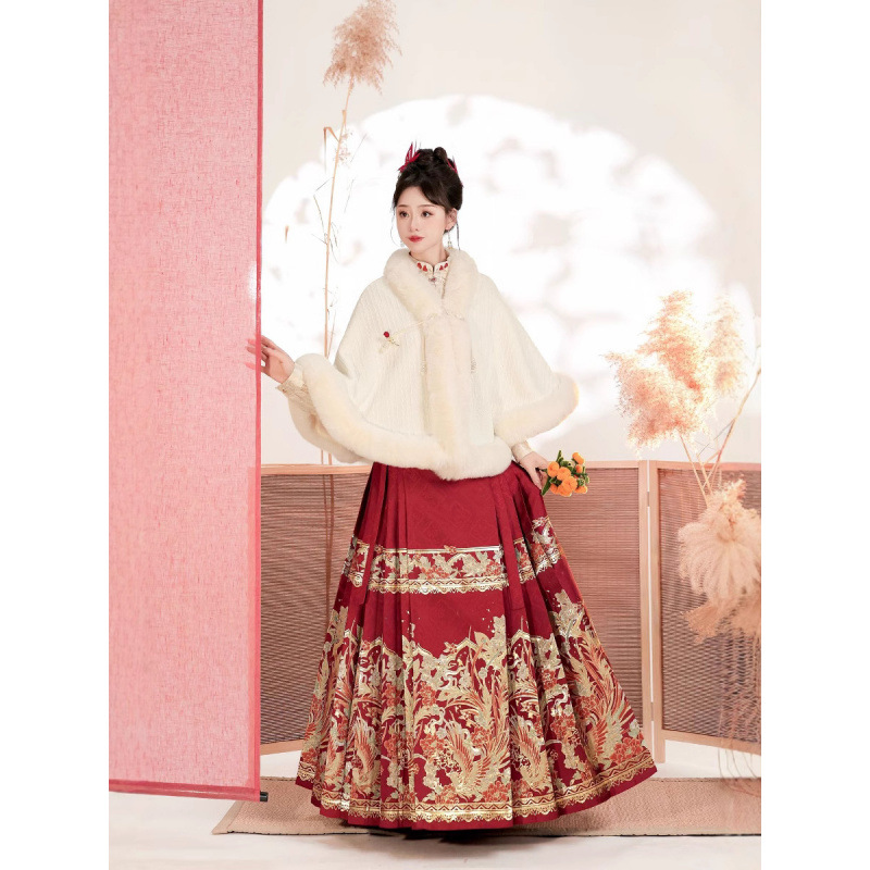 【Fluffy Cape】Phoenix Feather Red Heavy Craft Horse Mane Skirt for Women Toasting Wedding Dress New Chinese Style