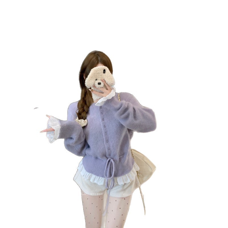 高级感时尚气质设计感蕾丝拼接系带毛衣毛织针织衫长袖女装工厂|undefined