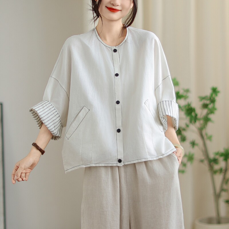 古咖服饰秋季纯色简约亚麻短外套女宽松遮肉短款显瘦纯色上衣|undefined