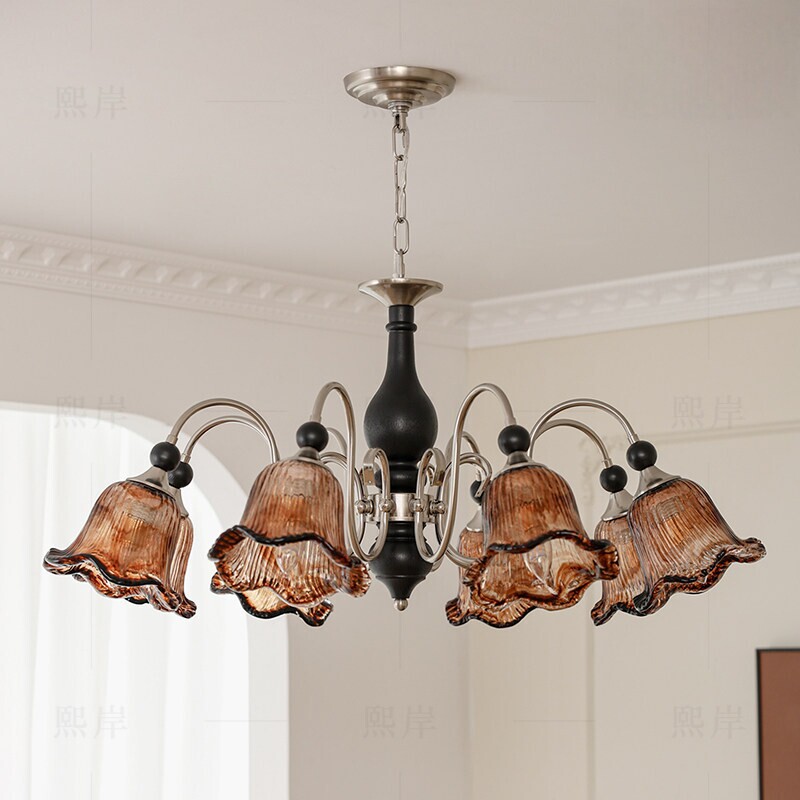 Medieval-Style Living Room Chandelier, French-Style Solid Wood Glass Lampshade, Nanyang-Style Maillard American-Style Restaurant Retro Main Lighting Fixture