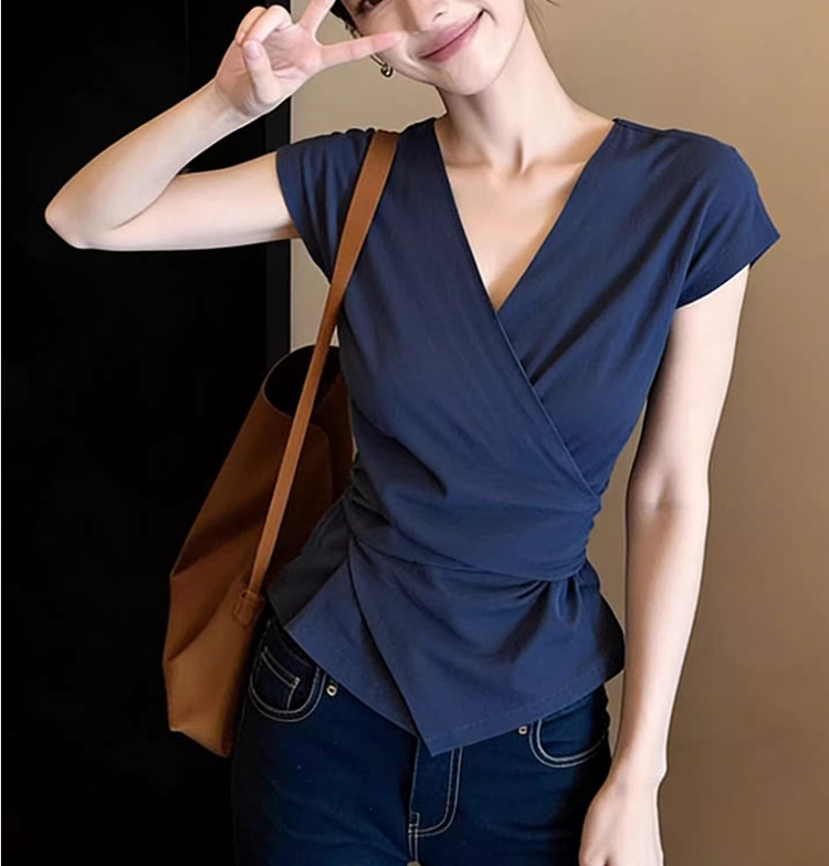 Áo sơ mi ngắn tay cổ chữ V kiểu Pháp thiết kế thắt lưng mới cho nữ — màu xanh đậm chi tiết 6