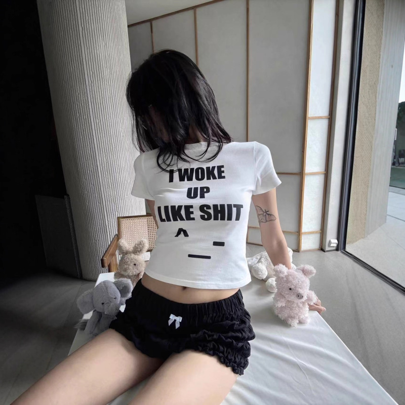 Omighty純色かわいい笑顔表情プリント半袖tシャツ基礎百合修身上着|undefined