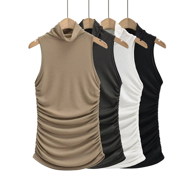 Internet celebrity pure desire high collar sleeveless shoulder-digging pleated waist-tight vest hot girl Sexy Slim-fit slimming inner top
