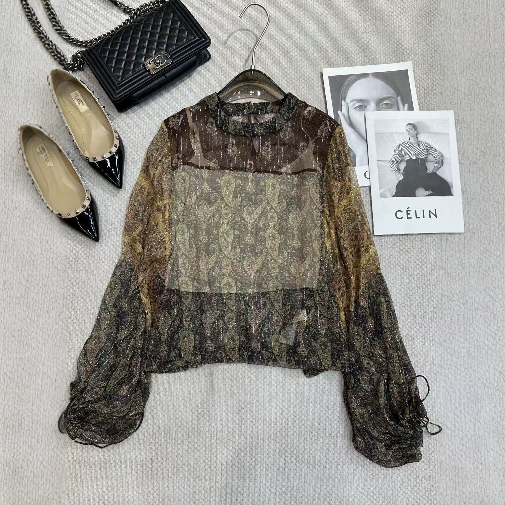 Shenzhen Nanyou 2026 New Early Autumn Light Luxury Versatile Fashion Mulberry Silk and Gold Thread Blend Color Block Drawstring Top