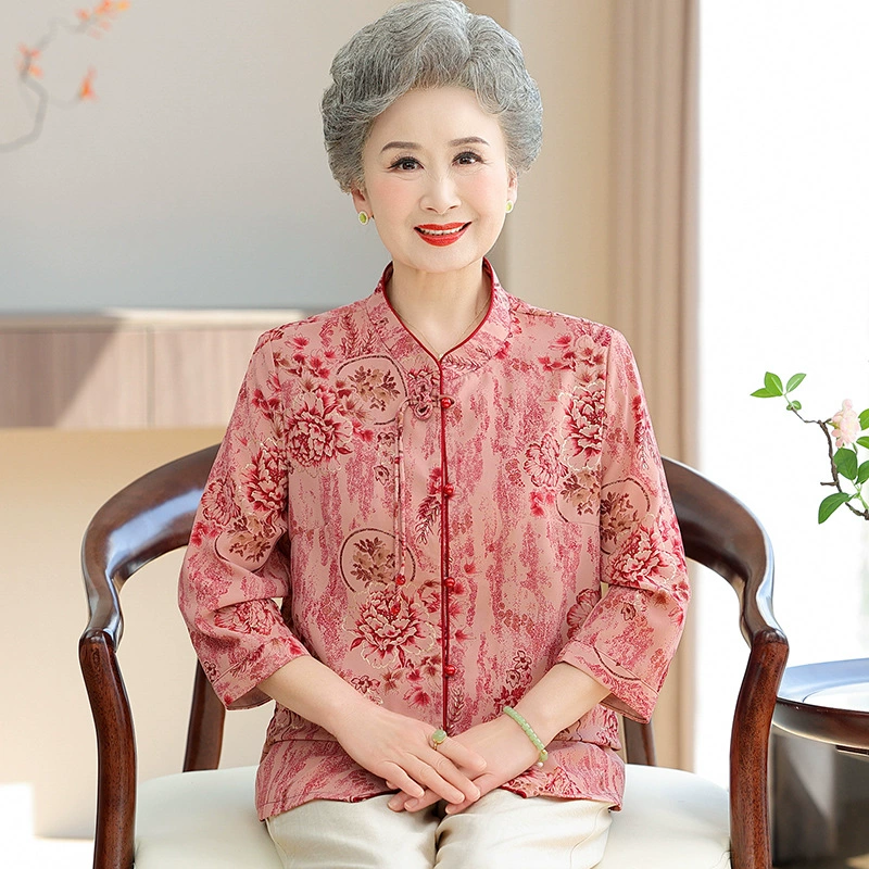 Средние и пожилые мамы летняя рубашка с рукавами из семи частей женская новая китайская бабушка летняя рубашка старушка модная одежда