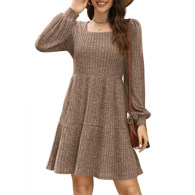 European and American Cross-Border Amazon 2025 Women's Square Neck Long-Sleeved Autum Babydoll Sweater Dress
