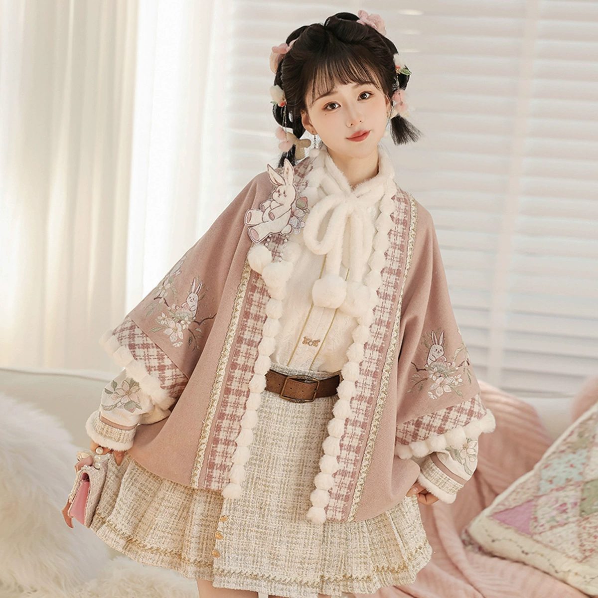 Оригинальный дизайн теплый персиковый кролик Hanfu женский китайский стиль улучшенный китайский элемент пальто топ полуюбка набор 7171