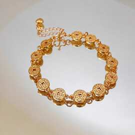 仿黄金色铜镀金久不掉色简约日常百搭精致古法日进斗金铜钱手链女