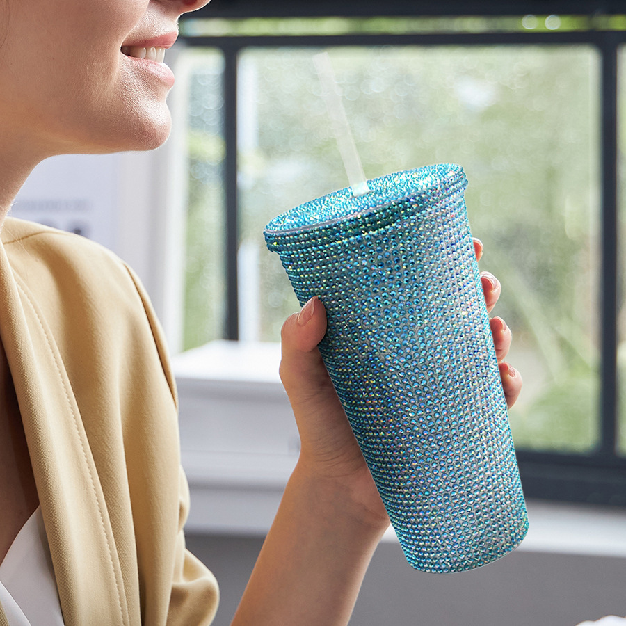 Taza de agua fría de gran capacidad de perlas de diamante doble copas de agua de café ps taza de agua de paja de diamante para mujeres