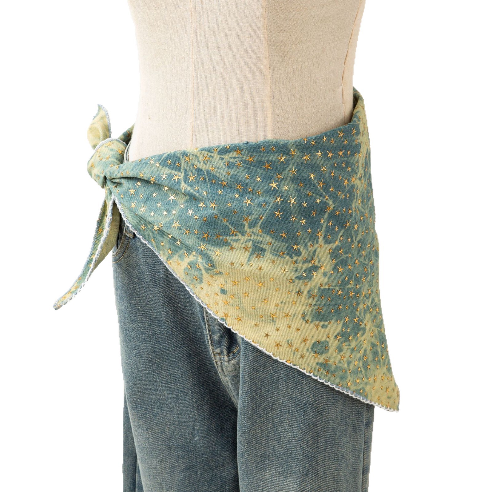 Gold Star Embossed Denim Triangle Scarf Vintage Distressed Look_voghion.com