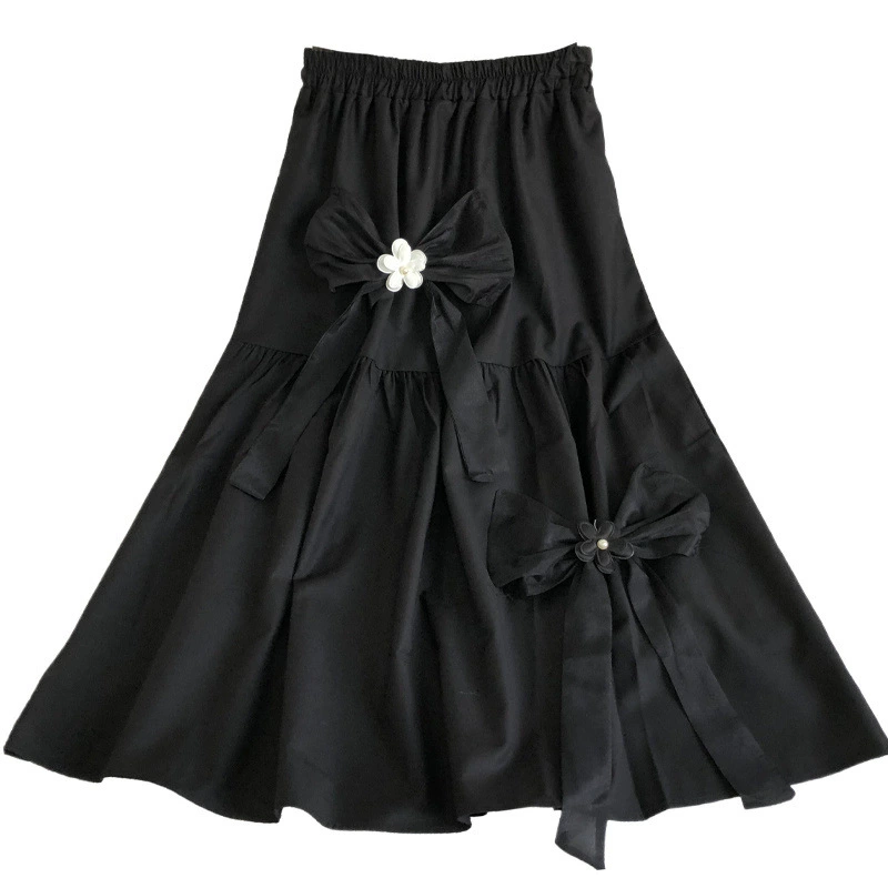 Three dimensional skirt with bow, plus size, flowered, elastic waist, mid-length