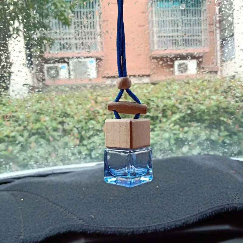 Aromatherapy Perfume Pendant Bottle, Glass with Wooden Cap, 4.8×4.6×6.6 cm, Mixed Colors