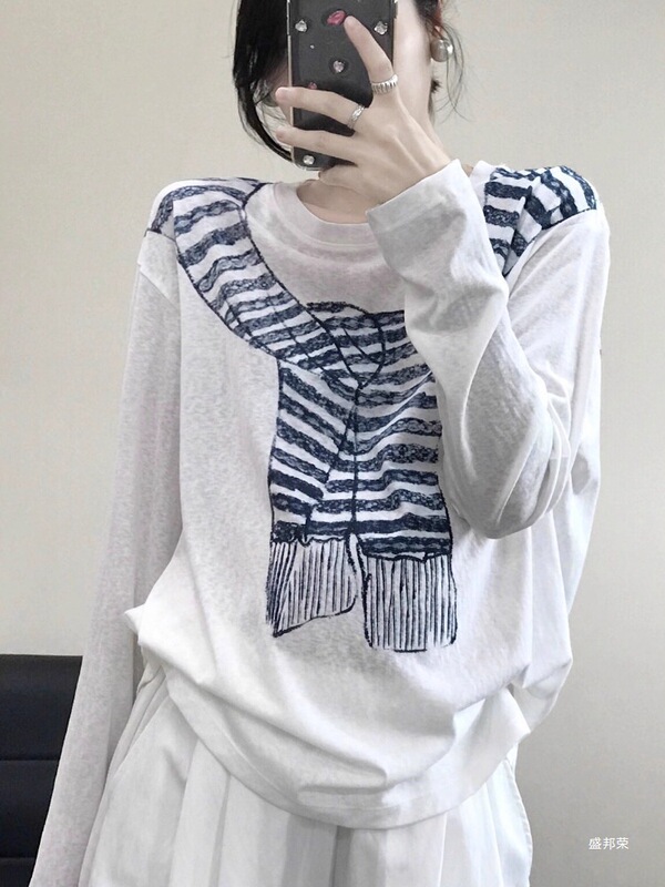 2025秋季新款韩系百搭减龄薄款宽松雪花棉长袖T恤女防晒白色罩衫|undefined