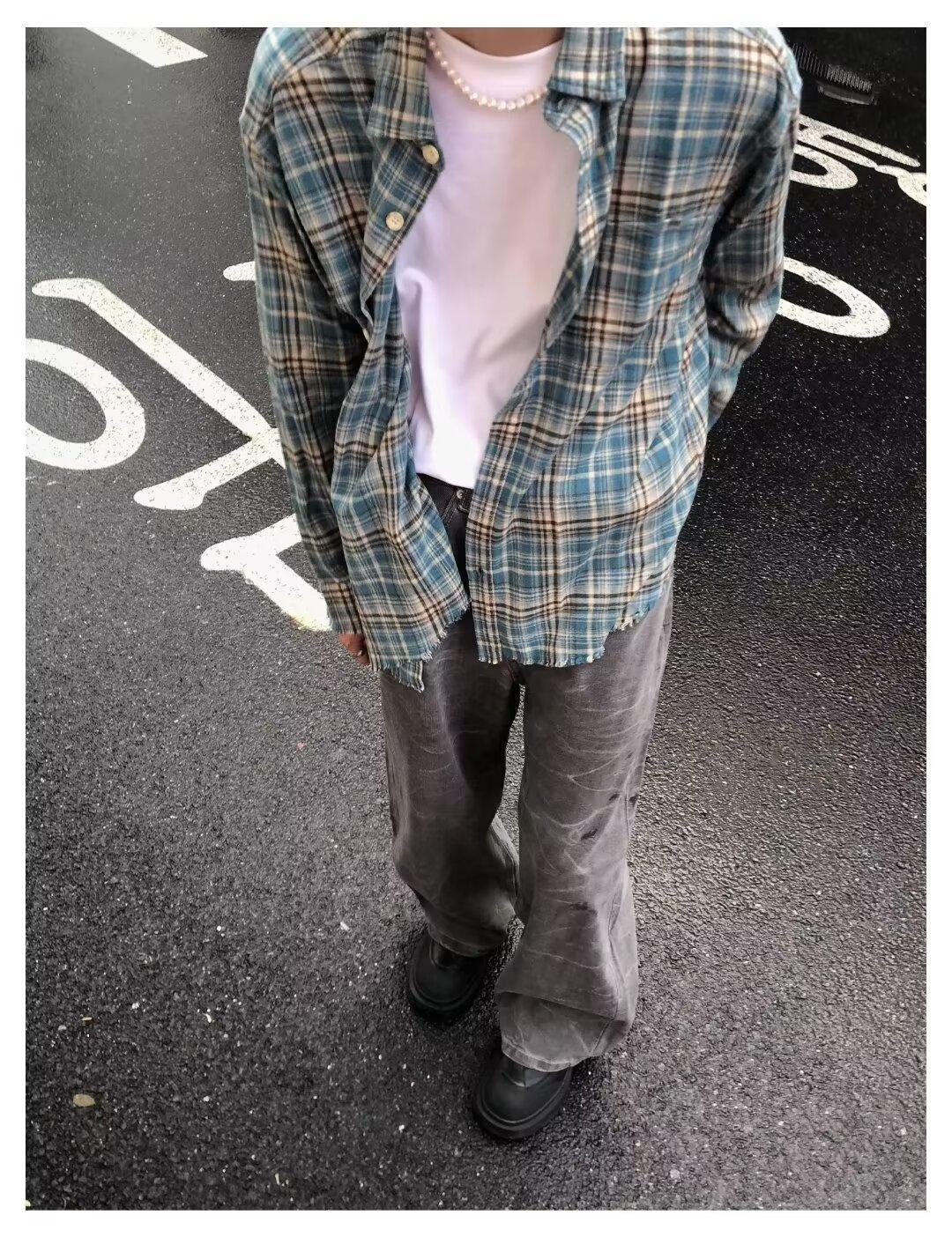 American High Street Plaid Washed Frayed Long Sleeve Unisex 2025 Spring Autumn Loose Trendy Shirt_viptrois.com