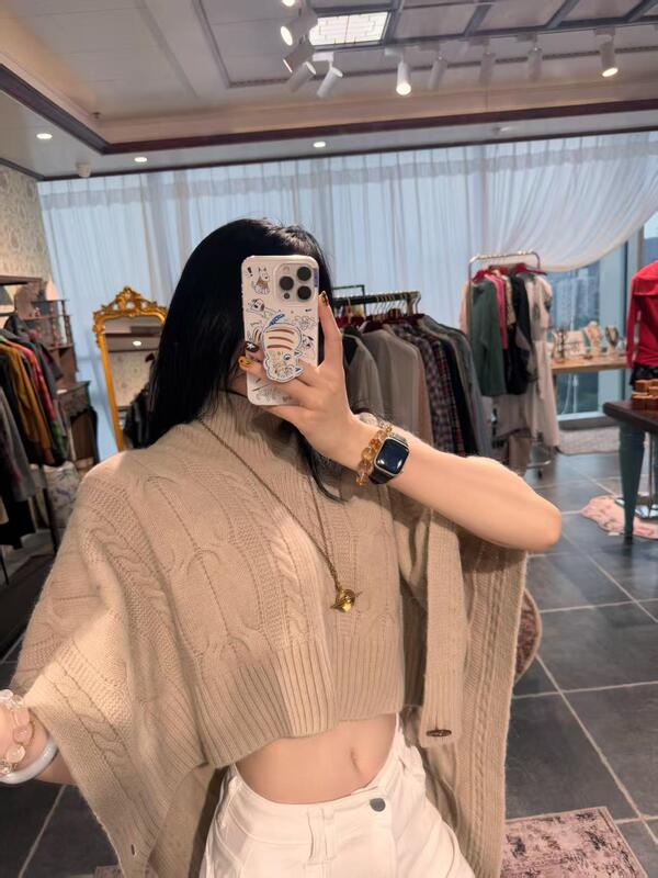 高品质~高领毛衣欧美跨境秋冬新款宽松短款斗篷高领针织套头上衣|undefined