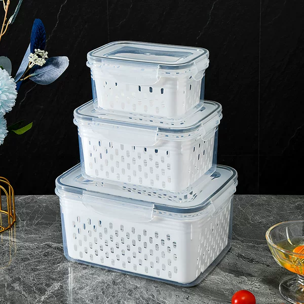Kitchen Food Sealing Crisper Fruit and Vegetable Drain Plastic Storage Box with Lid Refrigerator Freezer Storage Box
