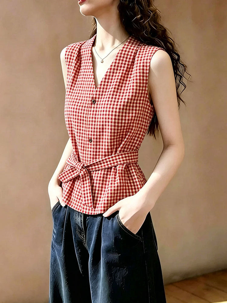 Áo sơ mi nữ không tay cổ V họa tiết kẻ caro đỏ vintage, thắt lưng eo — Lưới đỏ chi tiết 3