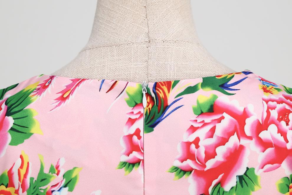 Robe amincissante à imprimé floral rétro et col en V pour femme – Robe d'été élégante mi-longue à manches courtes_voghion.com