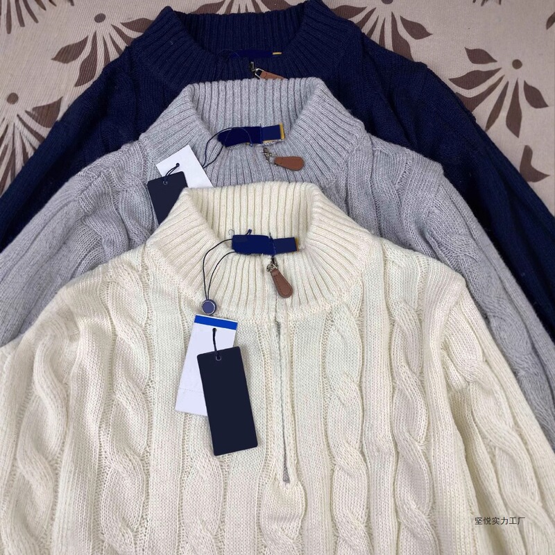 Scannable Qr Code Rl Ralph Lauren Logo Embroidered Knit Sweater for Men, Autumn and Winter Stand Collar Cable Knit Couple's Half-Zip Sweater for Women