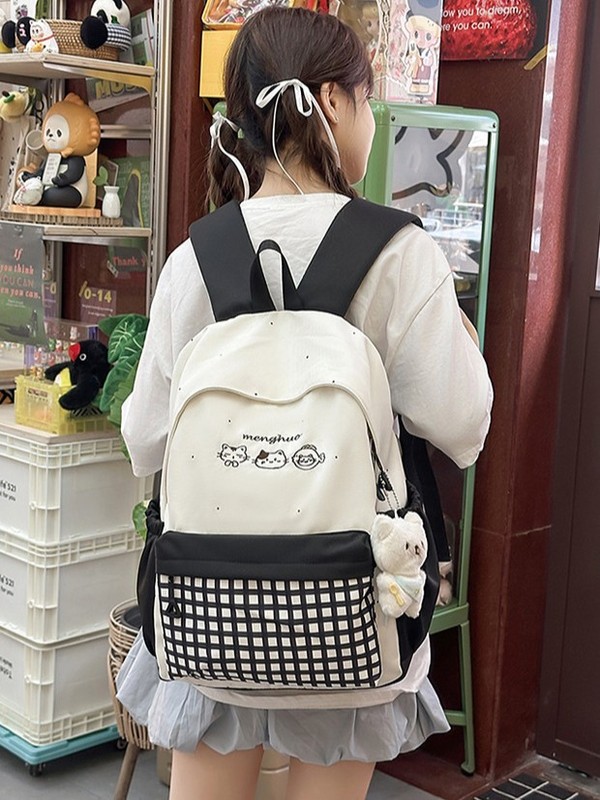 新款高颜值清新甜美格子可爱小猫女背包初高中生轻便大容量双肩包|undefined