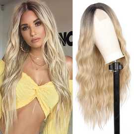 假发工厂女 头套欧美金棕水波纹头顶染黑色时尚中分长卷 假发头套